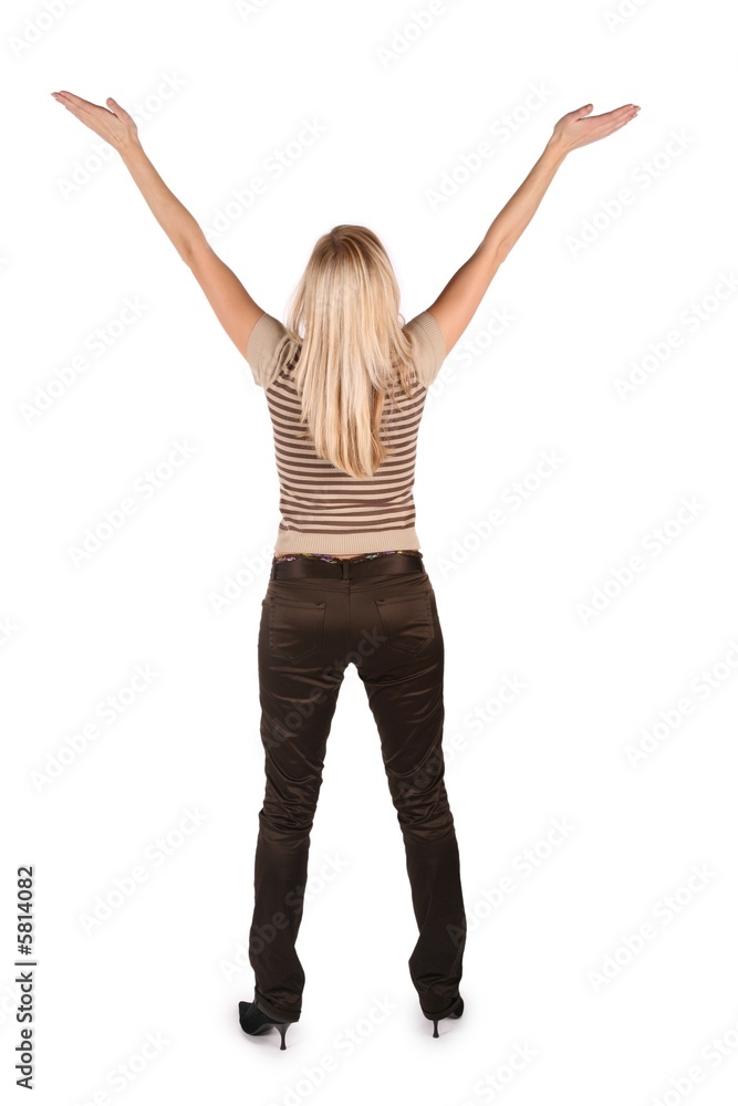beautiful young woman hands up isolated on white beautiful young woman hands up isolated on white
