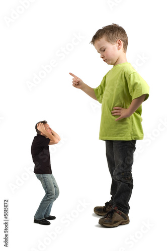 Caricature of a large son pointing his finger at the small dad. 