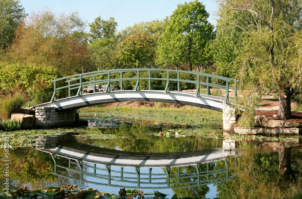 Bridge Reflecting into a Pond on a Beautiful Morning