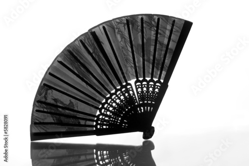 Silhouette of open black fan with reflection