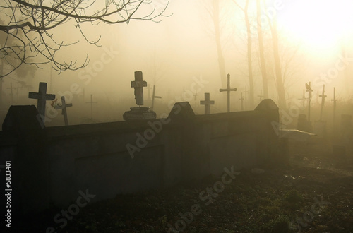 Old gloomy cemetery in a morning fog