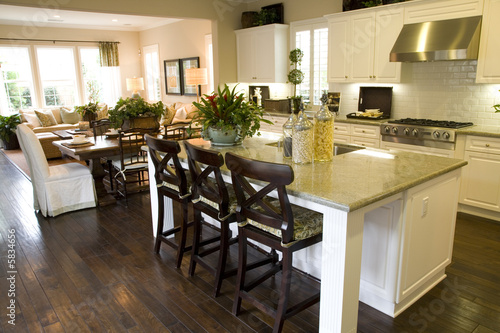 Modern kitchen with hardwood floor and island.