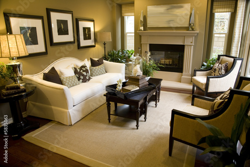 Spacious living room with a fireplace.
