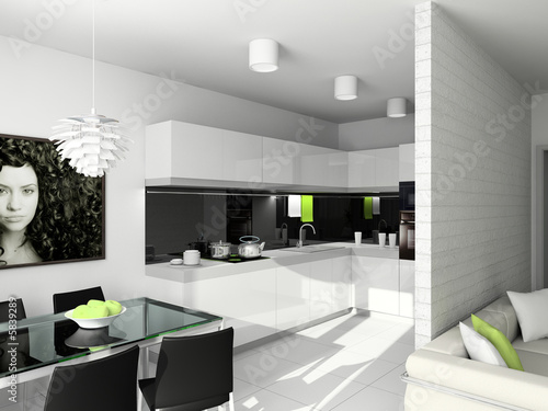 Kitchen with the modern furniture. 3D render.
