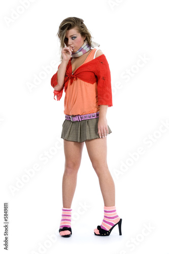 Portrait smoking girl on white background