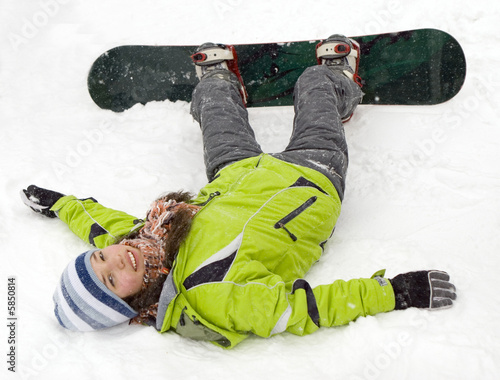health lifestyle image of young snowboarder girl after incidence
