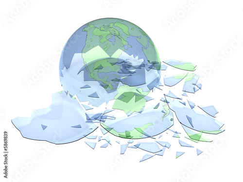 3d rendered broken glass globe isolated on white