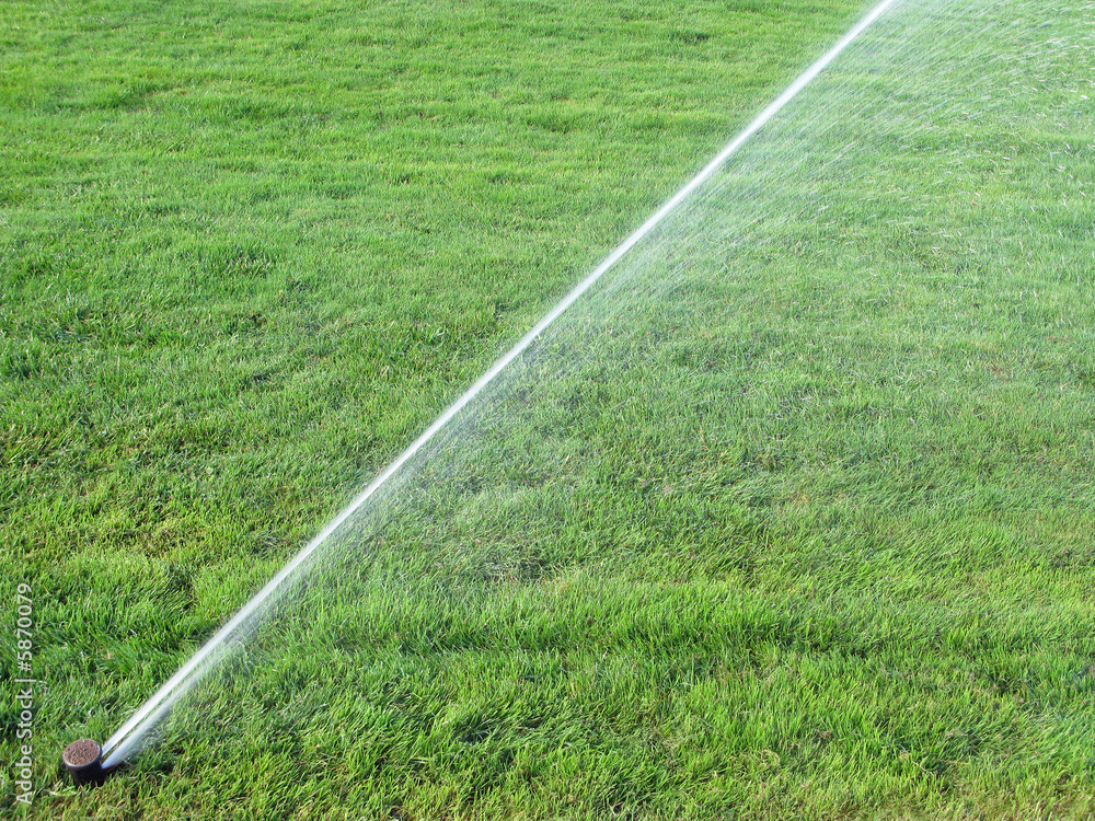 Sprinkler spraying water on  grass in field