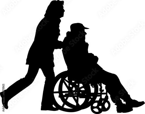 vector image of woman pushing man in the wheelchair 