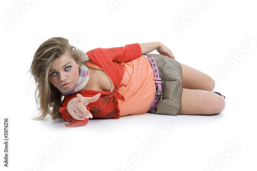 Sexy girl in red blouse on white background