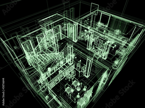 Computer graphic. X-ray of big house. 3D render.