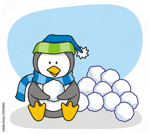 Vector cartoon of little penguin with snow