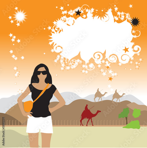 Tourist in desert, frame with place for your text