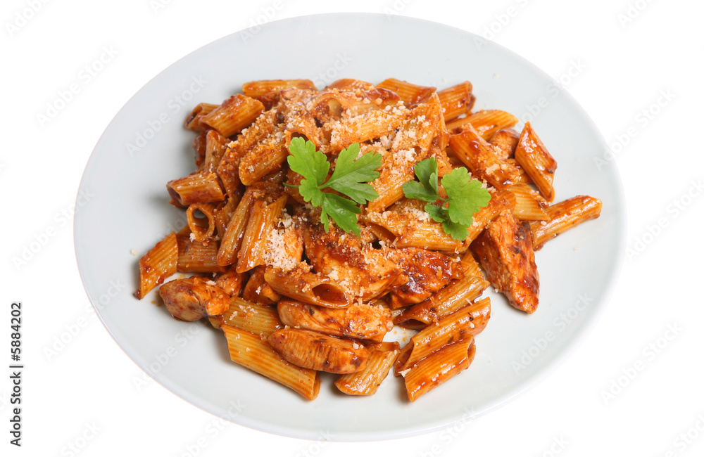 Penne pasta with chicken in a tomato sauce Penne pasta with chicken in a tomato sauce