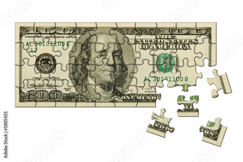 Banknote 100 dollars puzzle, isolated on white background