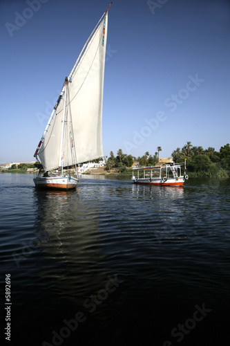 a sailboat and a motorboat in nile next luxor