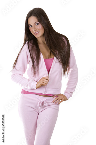 beatufil model wearing casual pink outfit with jacket photo