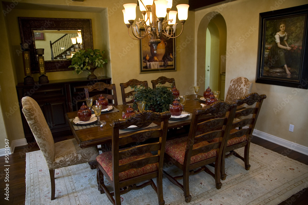 Dining room with festive decor.