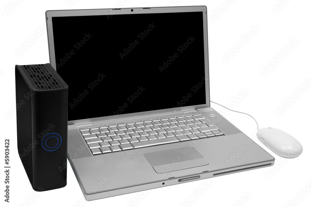 notebook and an external hard drive on a white background notebook and an external hard drive on a white background