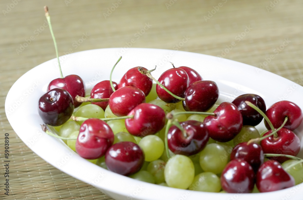 Bowl of Cherry and grape fruits on white background Bowl of Cherry and grape fruits on white background