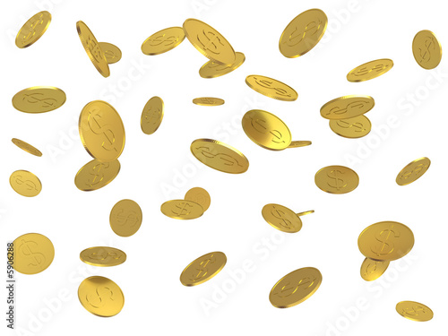 3d rendered failing golden coins, isolated on white