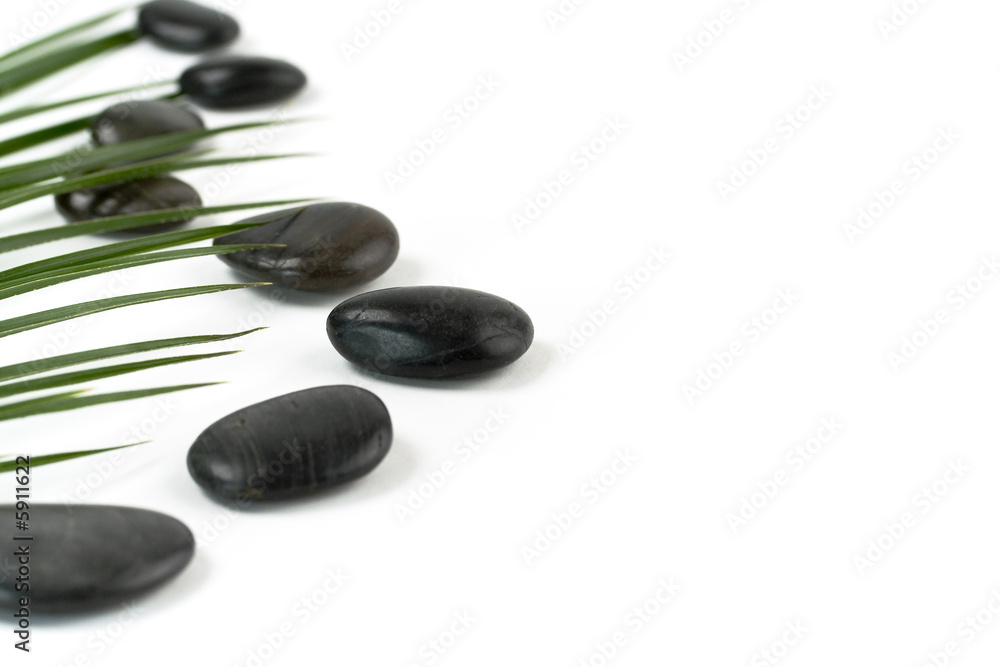 Eight pebbles and palm leaf over white. Selective focus. Eight pebbles and palm leaf over white. Selective focus.