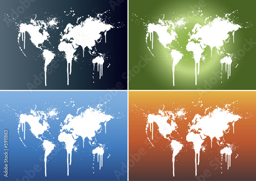 Illustrations of world maps splattered on four backgrounds
