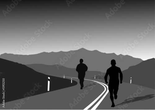 sportsmen running on a mountain road-a healthy lifestyle 