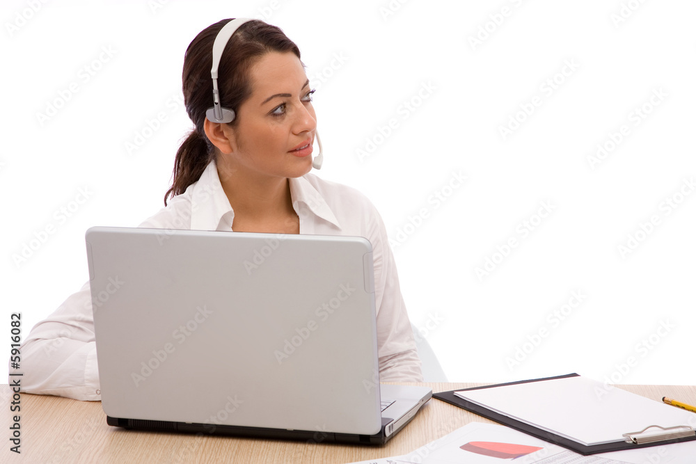 beautiful call center operator with laptop on white beautiful call center operator with laptop on white