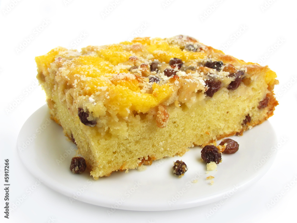 Slice of pie with raisins on white background. Slice of pie with raisins on white background.
