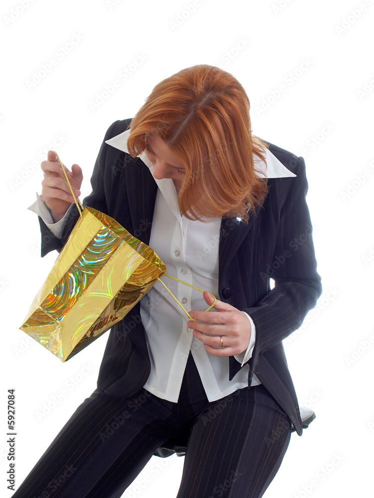 Young businesswoman with yellow bag isolated at the white Young businesswoman with yellow bag isolated at the white