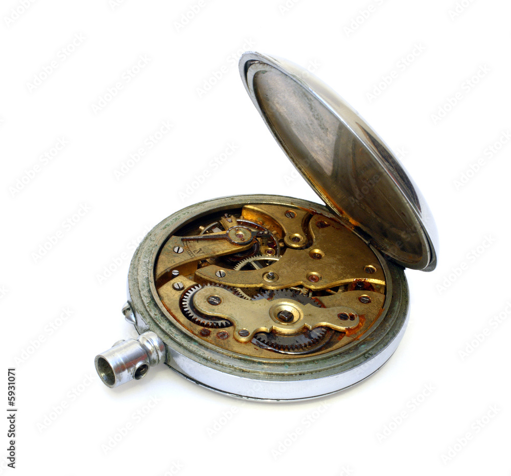 old pocket watch with open cover of gear isolated on white old pocket watch with open cover of gear isolated on white