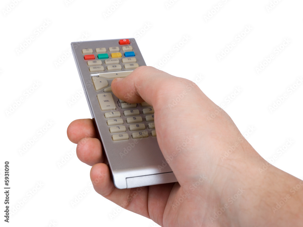 Remote control in hand, isolated on white background Remote control in hand, isolated on white background