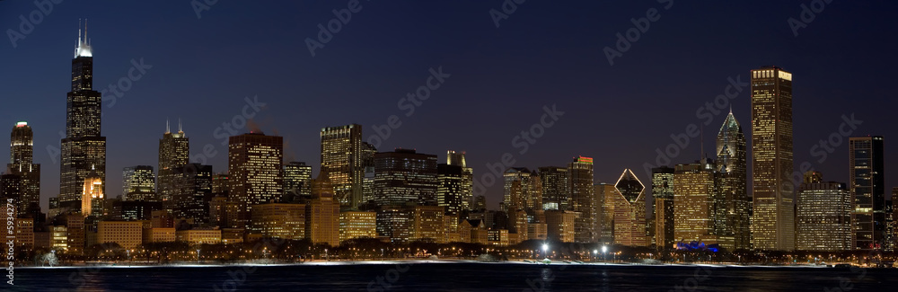 View of Chicago from the lakefront at dusk