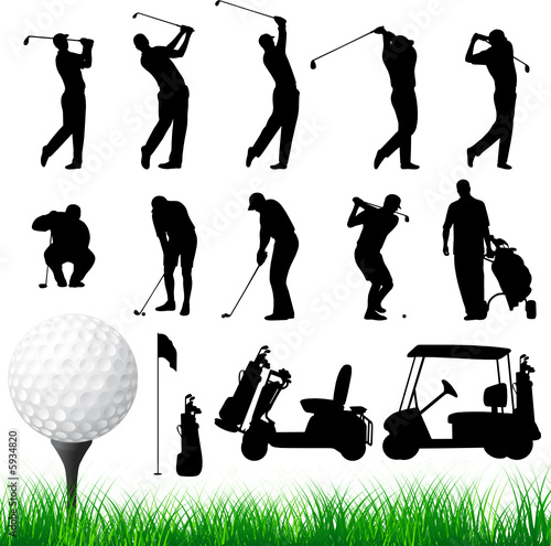 Vector Golfer silhouettes collection - Set for Golf Club: players, ball, flag, car Vector illustration