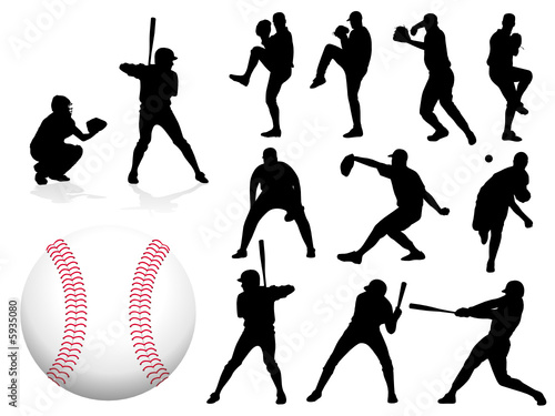 Vector Baseball Player Silhouettes - Club Set: men players, ball, base, Illustration