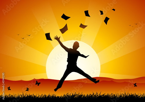 Business man launching sheets at sunset