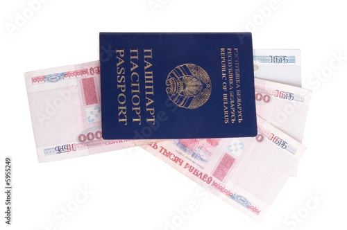 Belorussian passport witn currency isolated over white