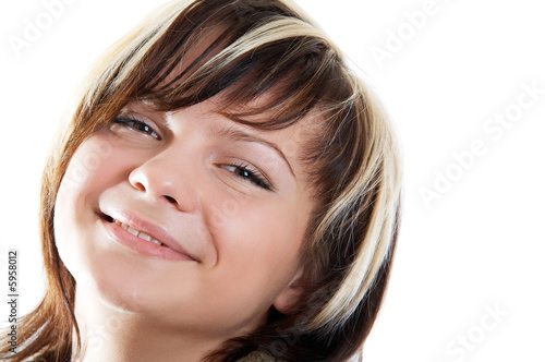 Fotografie Smiling young pretty woman on white background .