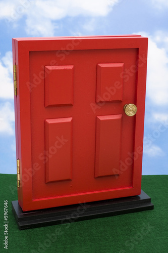 Red door on sky background