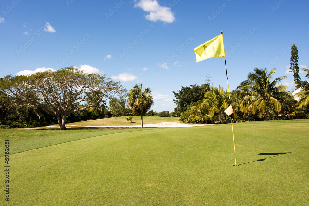 Obraz premium yellow flag on golf course putting green