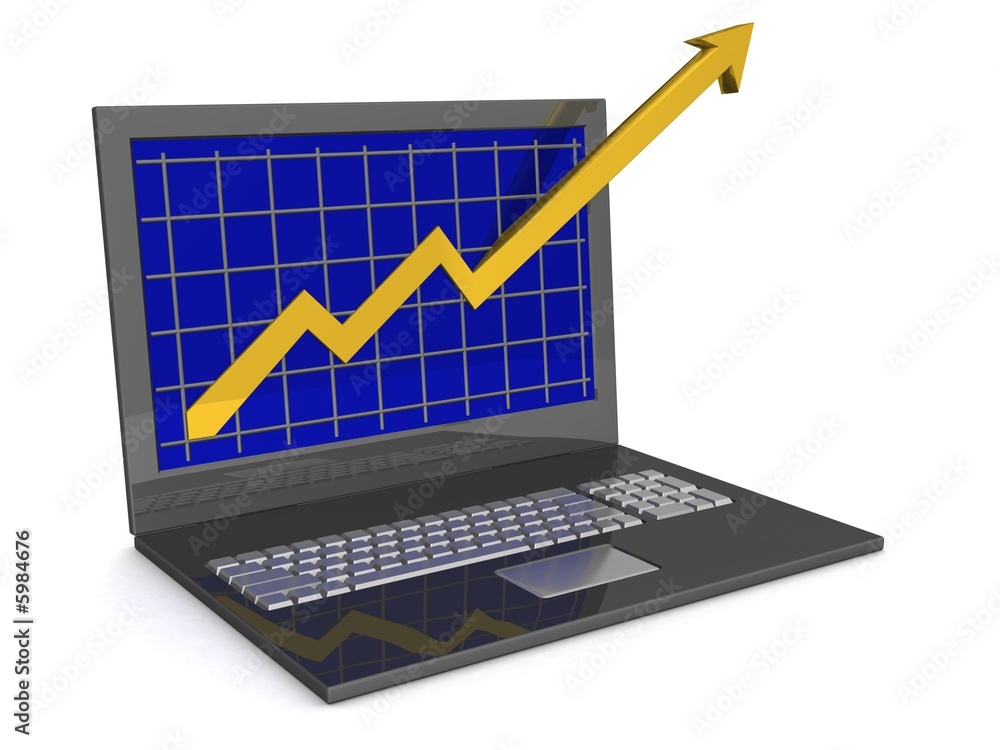 Laptop. The concept of financial growth. 3D image. Laptop. The concept of financial growth. 3D image.