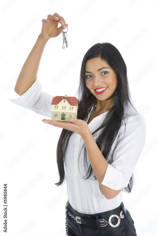 Business woman advertises real estate on isolated background Business woman advertises real estate on isolated background