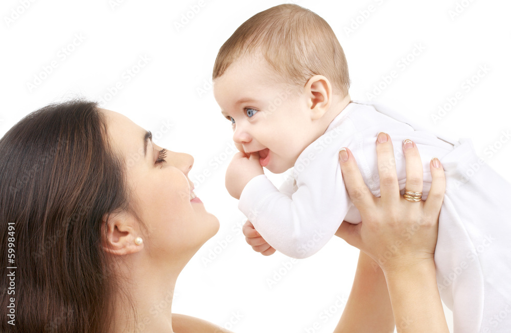 picture of happy mother with baby over white picture of happy mother with baby over white