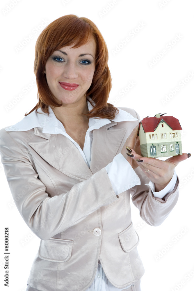 Business woman advertises real estate on isolated background Business woman advertises real estate on isolated background