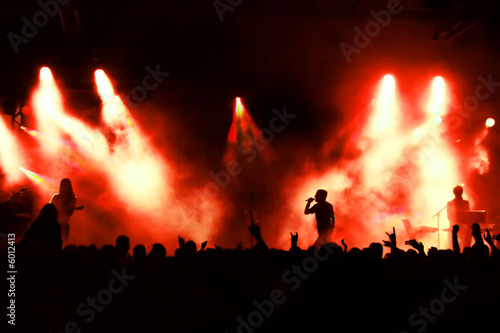 Cheering crowd at concert, musicians on the stage photo