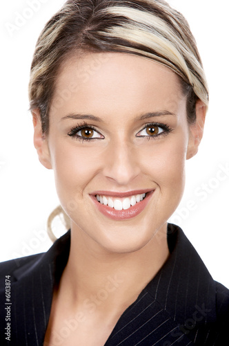 Young smiling business woman. Isolated over white background.