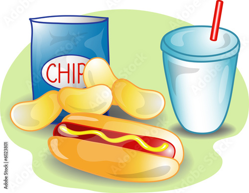 Illustration of a complete lunch with a hot dog