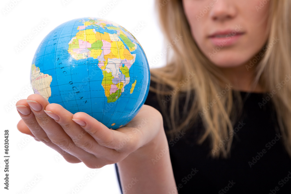 global business concept with a globe and businesswoman global business concept with a globe and businesswoman