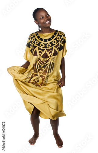 Young African woman traditional dress, dancing